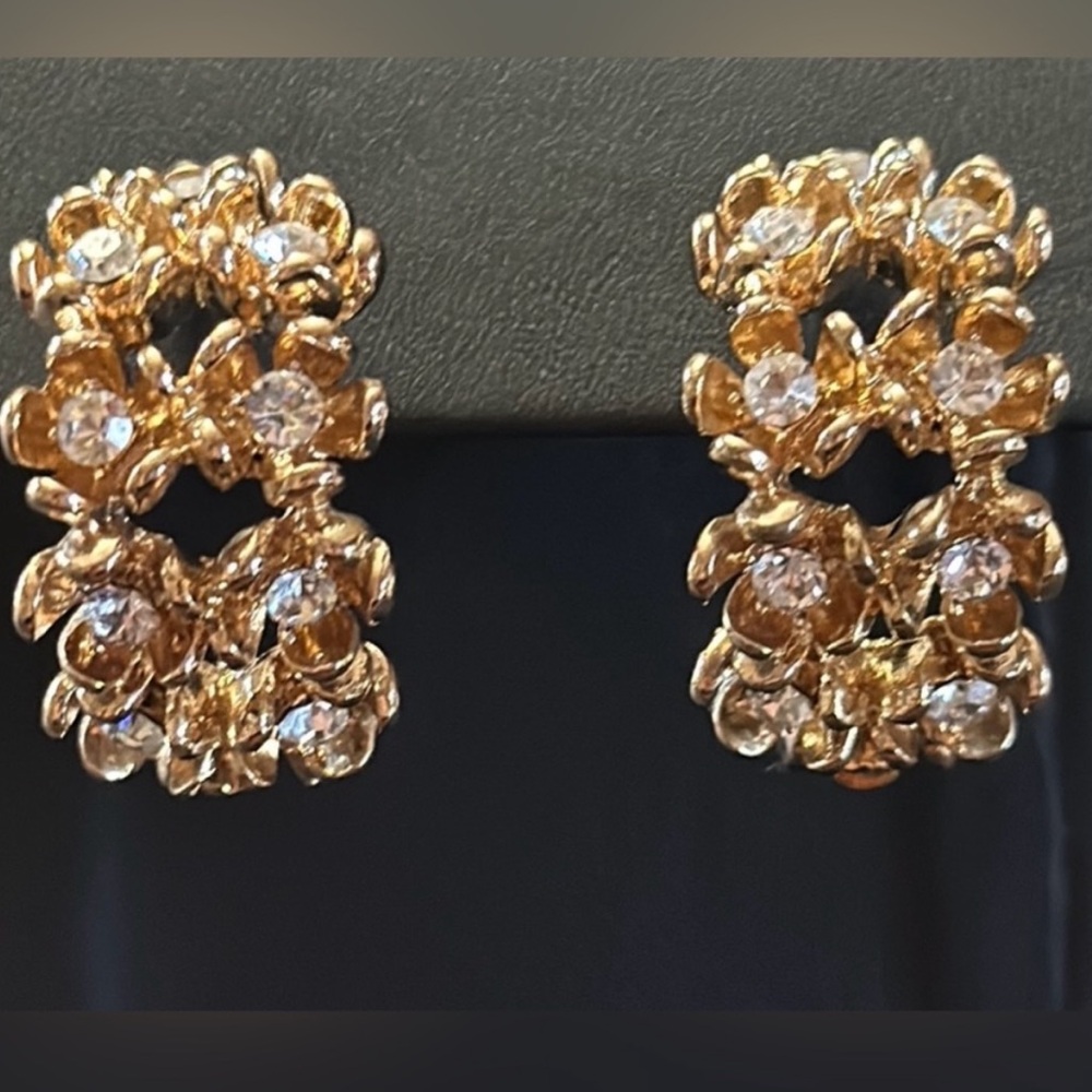 Double Row Flower Gold-Tone Post Back Rhinestone Adorned Earrings - Picture 3 of 8